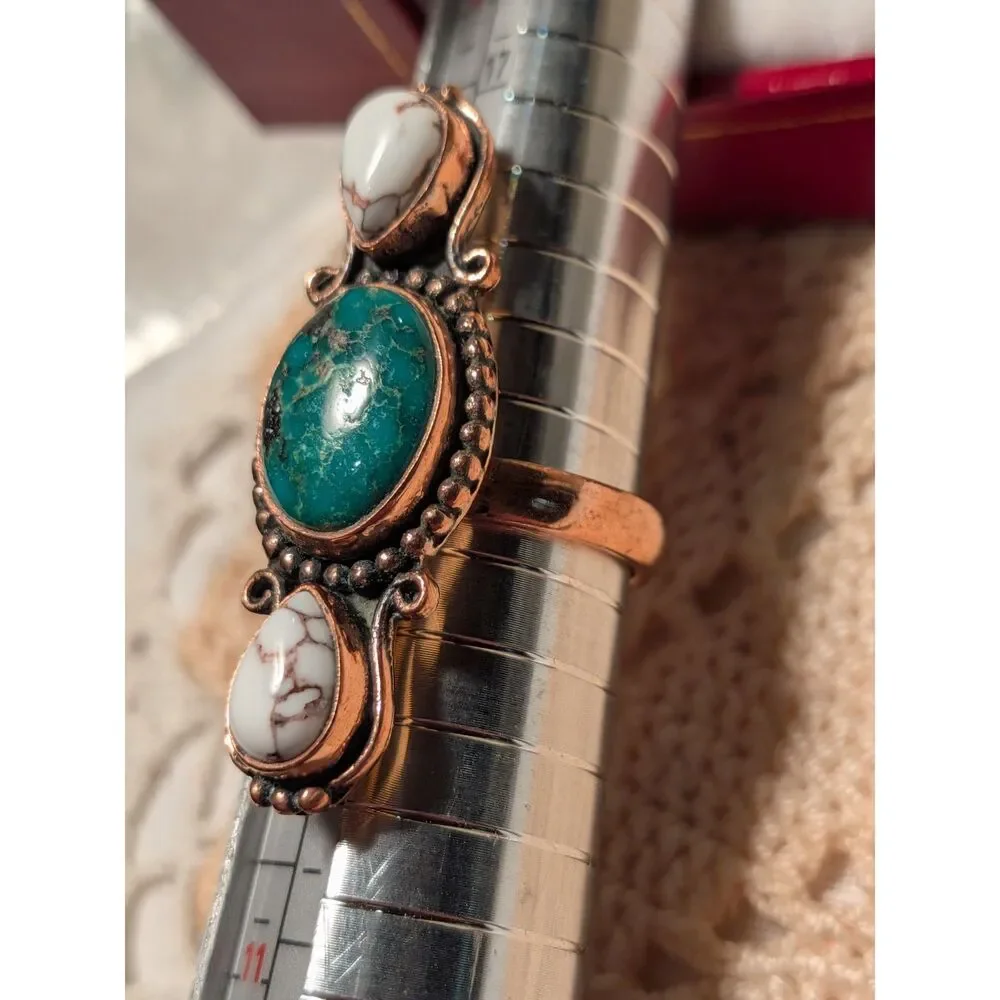 Copper Ring with White Horse & Kingman Turquoise
